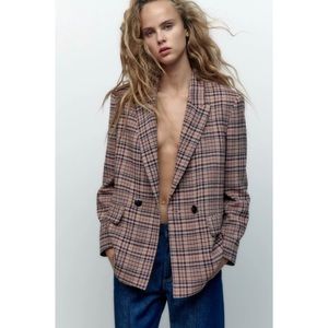 Zara Oversized Plaid Double Breasted Wool Blend Blazer in Pink Plaid, Size XL